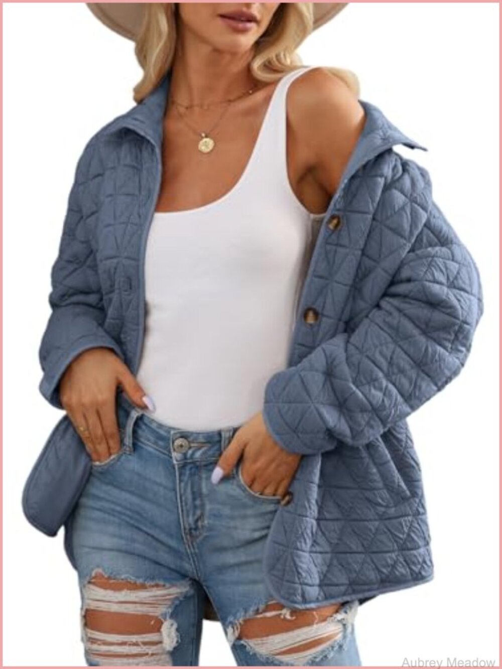Lightweight Diamond Quilted Jacket Button Down Collared Loose Fit Winter Coat